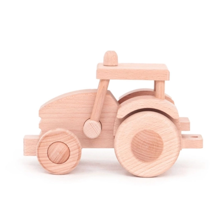 Drewniany traktor Make-It Bajo, widok z boku.