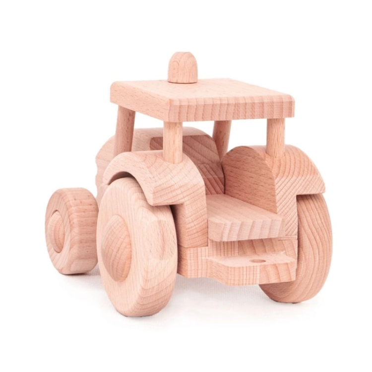 Drewniany traktor Make-It Bajo, widok z tyłu.