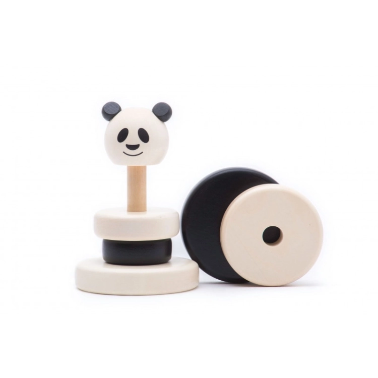 Rozłożona drewniana piramida panda, z widocznymi krążkami i główką.