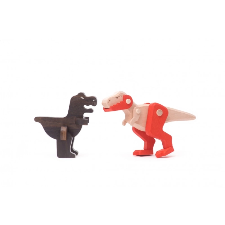 Zestaw dwóch drewnianych dinozaurów, T-Rex w kolorze czerwonym i czarny dinozaur, widok z boku