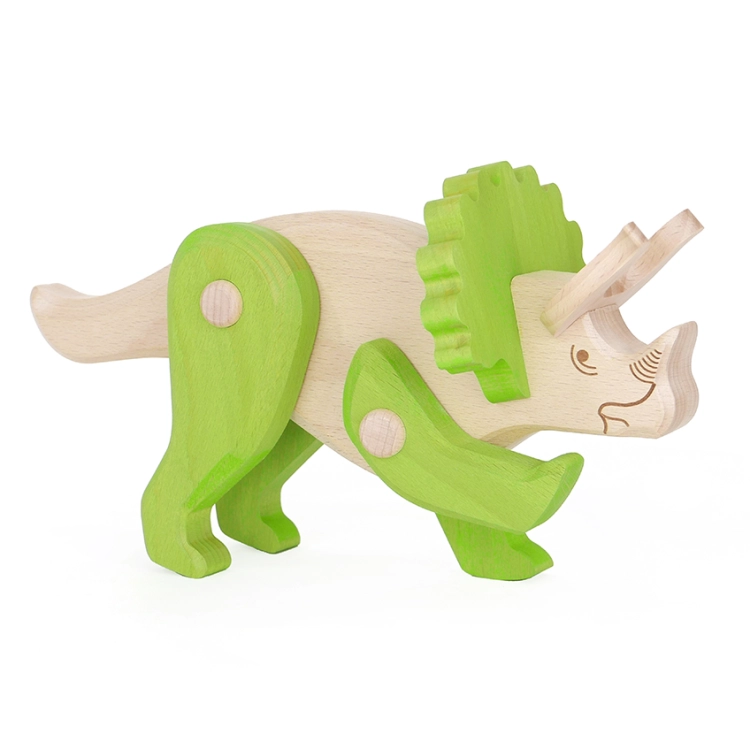 Drewniany dinozaur Triceratops Bajo z zielonymi elementami, widok z boku