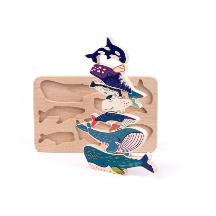 Drewniany sorter Bajo przedstawiający rodzinę waleni, układanka z wielorybami