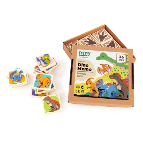 Zabawka edukacyjna Memo Dino Bajo, zestaw drewnianych kart z dinozaurami w pudełku