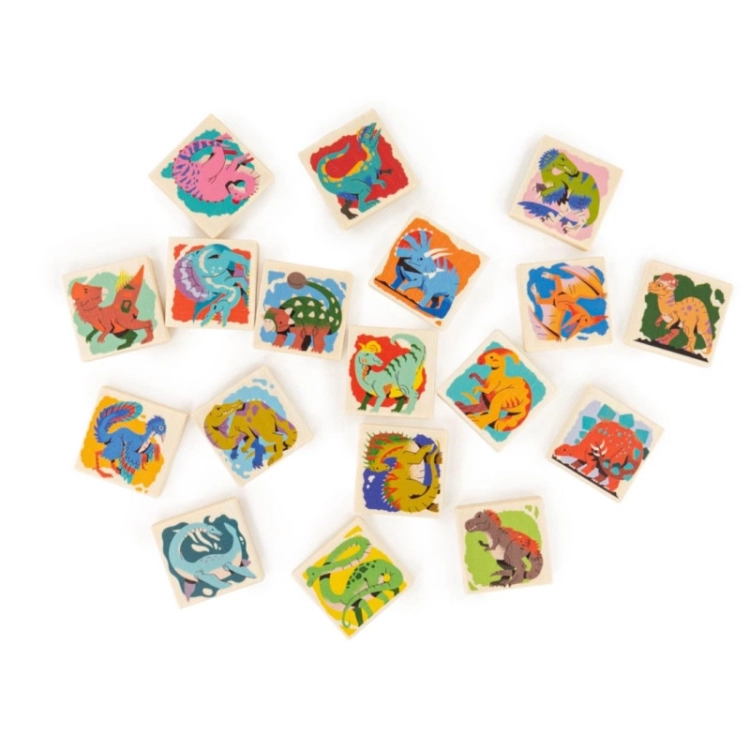 Drewniana gra pamięciowa Memo Dino Bajo z kolorowymi obrazkami dinozaurów