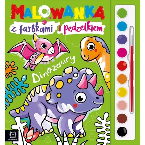Okładka malowanki „Dinozaury” z farbkami i pędzelkiem.