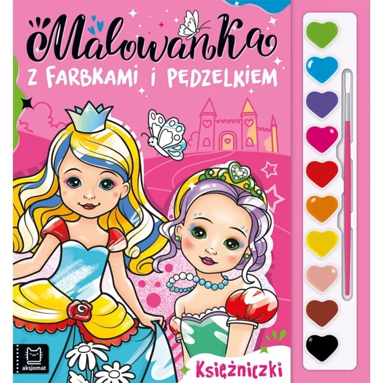 Okładka malowanki „Księżniczki” z farbkami i pędzelkiem.