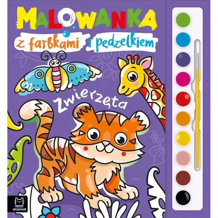 Okładka malowanki „Zwierzęta” z farbkami i pędzelkiem.