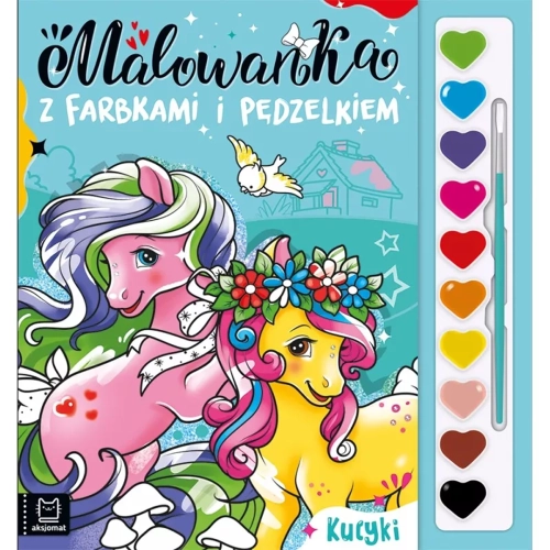 Okładka malowanki „Kucyki” z farbkami i pędzelkiem.