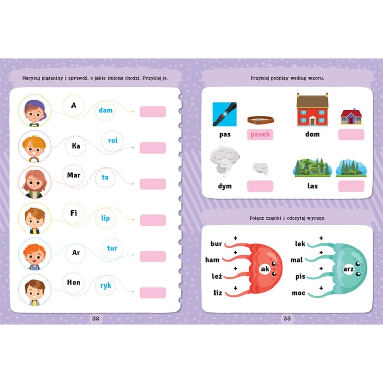 Ilustracje i zadania do nauki czytania metodą sylabową.