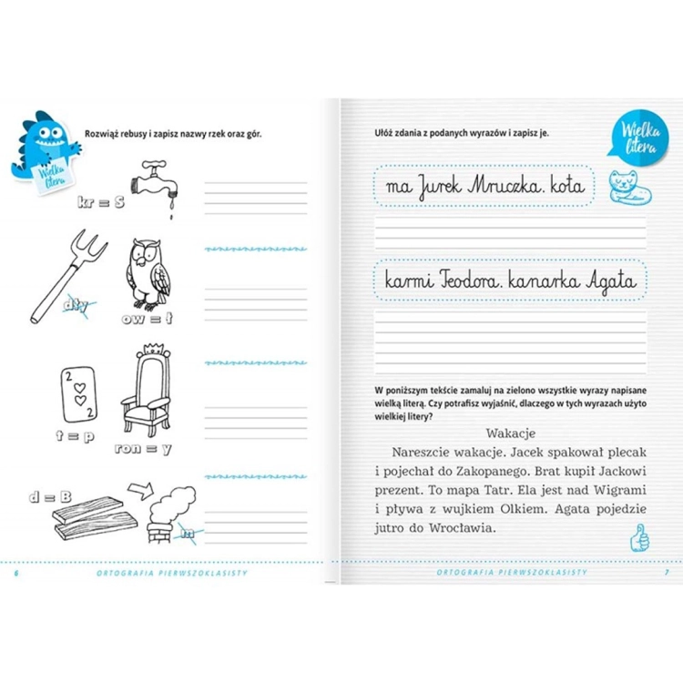 Strona z ćwiczeniami ortograficznymi dla dzieci.