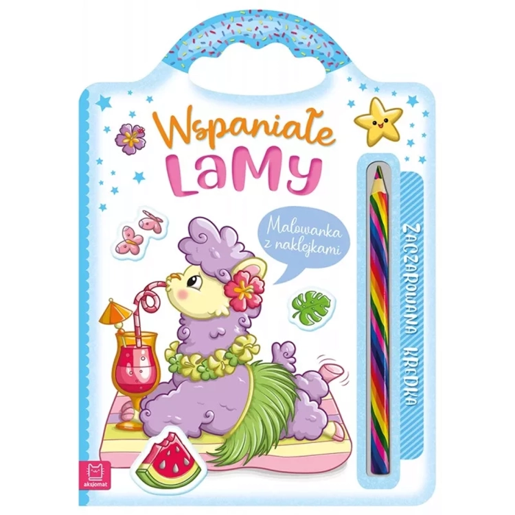 Okładka malowanki „Wspaniałe lamy” z naklejkami i tęczową kredką.