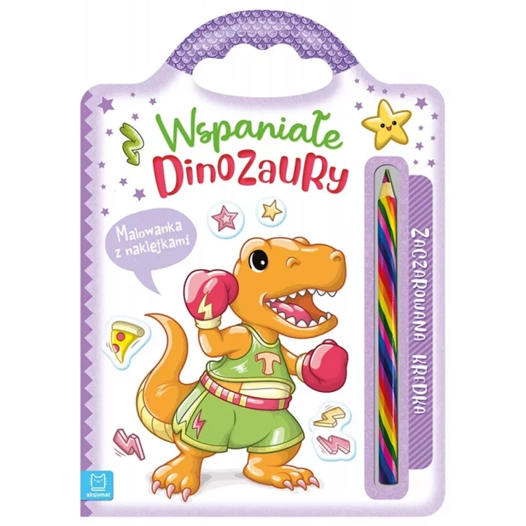 Okładka malowanki „Wspaniałe dinozaury” z tęczową kredką i naklejkami.