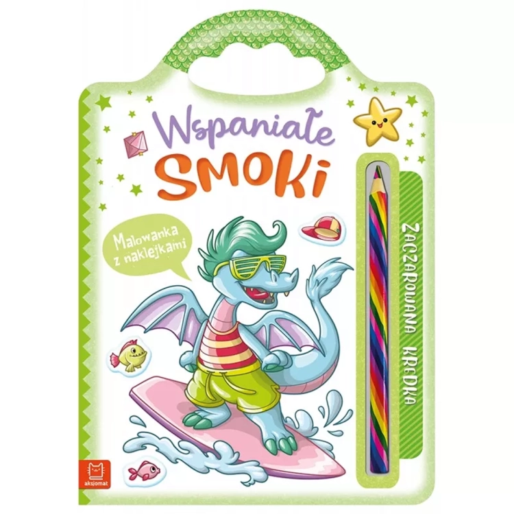 Okładka malowanki „Wspaniałe smoki” z naklejkami i tęczową kredką.