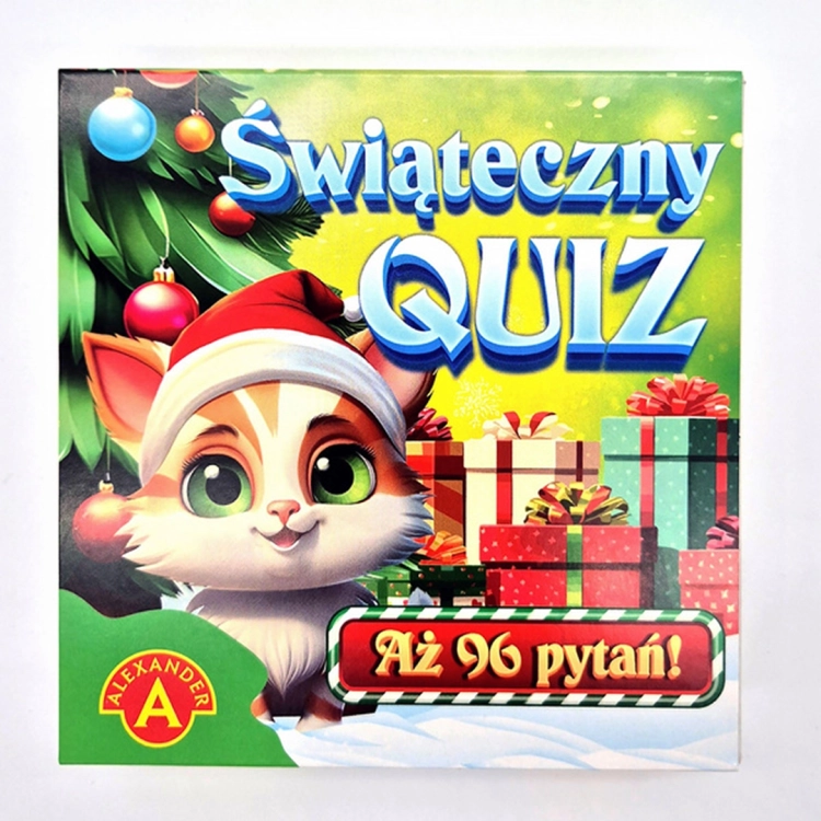 Świąteczny Quiz - przód opakowania: Kolorowe pudełko gry "Świąteczny Quiz" z rysunkiem kota w czapce Mikołaja na tle świątecznych ozdób i prezentów oraz napisem "Aż 96 pytań!".
