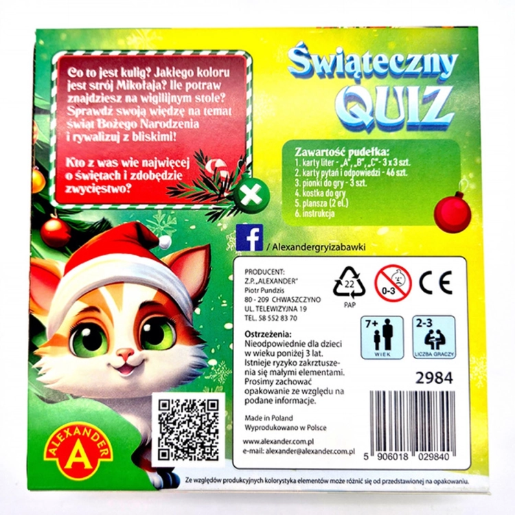 Świąteczny Quiz - tył opakowania: Tył opakowania gry "Świąteczny Quiz" z informacjami o zawartości pudełka, zalecanym wieku graczy oraz opisem gry. Widoczny kot w czapce Mikołaja i świąteczne ozdoby.