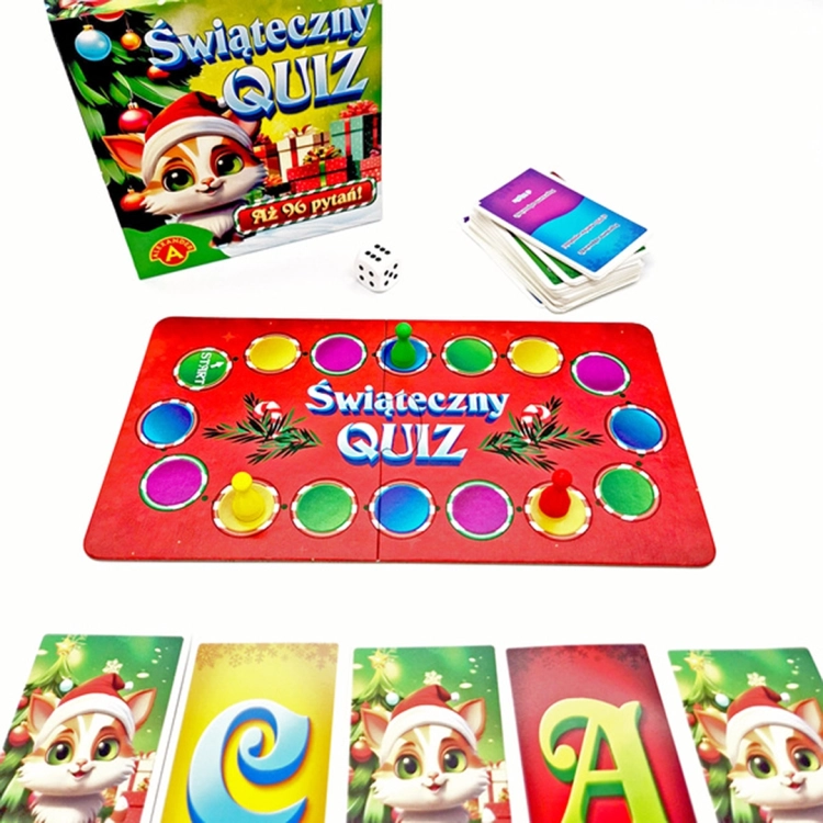 Świąteczny Quiz - plansza i pudełko: Plansza gry "Świąteczny Quiz" z pionkami i kostką oraz pudełko gry w tle.