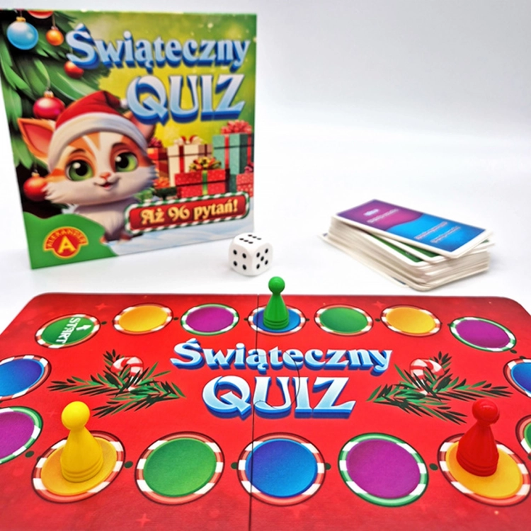 Świąteczny Quiz - plansza i pudełko: Plansza gry "Świąteczny Quiz" z pionkami i kostką oraz pudełko gry w tle.