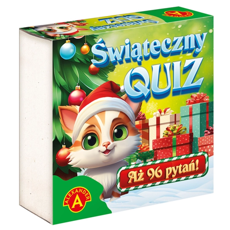 Świąteczny Quiz - przód opakowania: Kolorowe pudełko gry "Świąteczny Quiz" z rysunkiem kota w czapce Mikołaja na tle świątecznych ozdób i prezentów oraz napisem "Aż 96 pytań!".