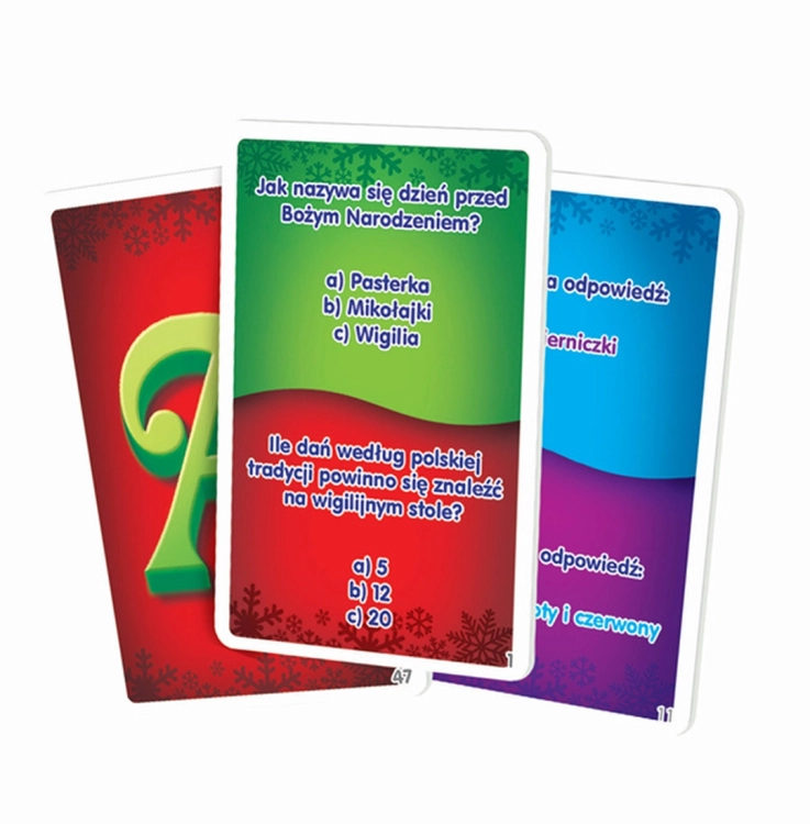 Świąteczny Quiz - karty z pytaniami: Zestaw kart do gry "Świąteczny Quiz" z pytaniami dotyczącymi świątecznej tematyki, w kolorach zielonym i czerwonym.