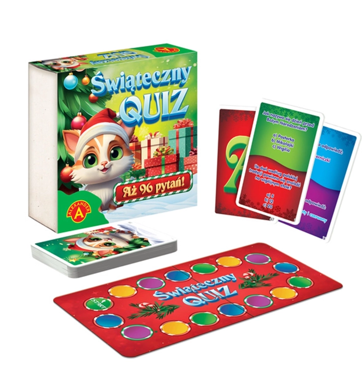 Świąteczny Quiz - zestaw: Gra planszowa "Świąteczny Quiz" rozłożona, zawierająca planszę z kolorowymi polami, pionki, karty oraz kostkę do gry.
