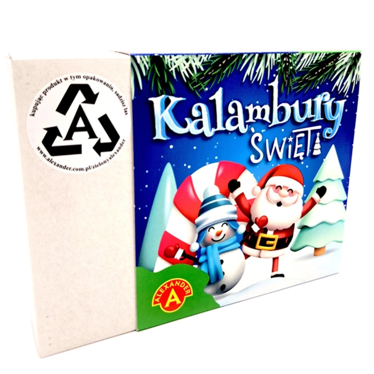 Kalambury Święta - opakowanie w perspektywie 3D: Przednia strona pudełka gry "Kalambury Święta" w perspektywie 3D, z motywem Świętego Mikołaja, bałwanka oraz zimowego krajobrazu.