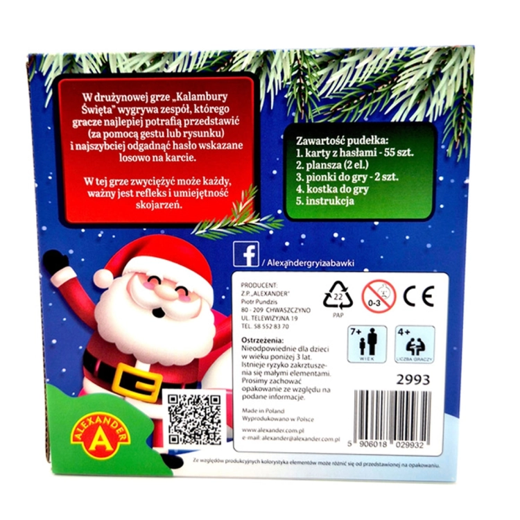 Kalambury Święta - tył opakowania: Tył opakowania gry "Kalambury Święta" z opisem zasad gry i zawartości pudełka. Widoczna ilustracja Świętego Mikołaja.