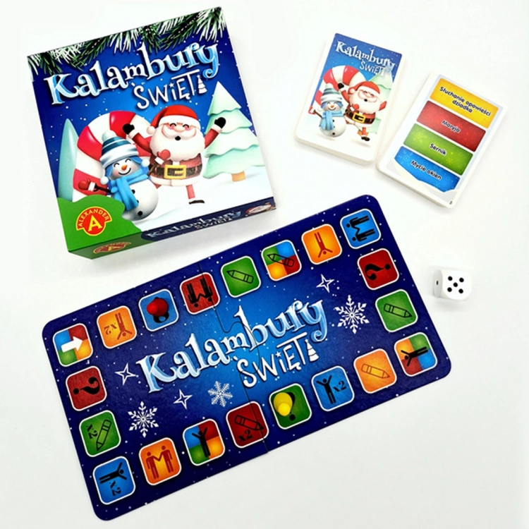 Kalambury Święta - plansza i pionki: Plansza do gry "Kalambury Święta" w niebieskiej kolorystyce z ilustracjami symboli i pionkami w różnych kolorach.