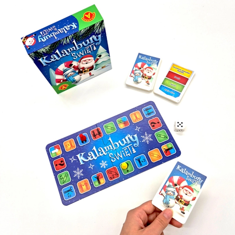 Kalambury Święta - pełny zestaw: Zestaw gry "Kalambury Święta", zawierający pudełko, planszę, karty z hasłami, kostkę oraz pionki.