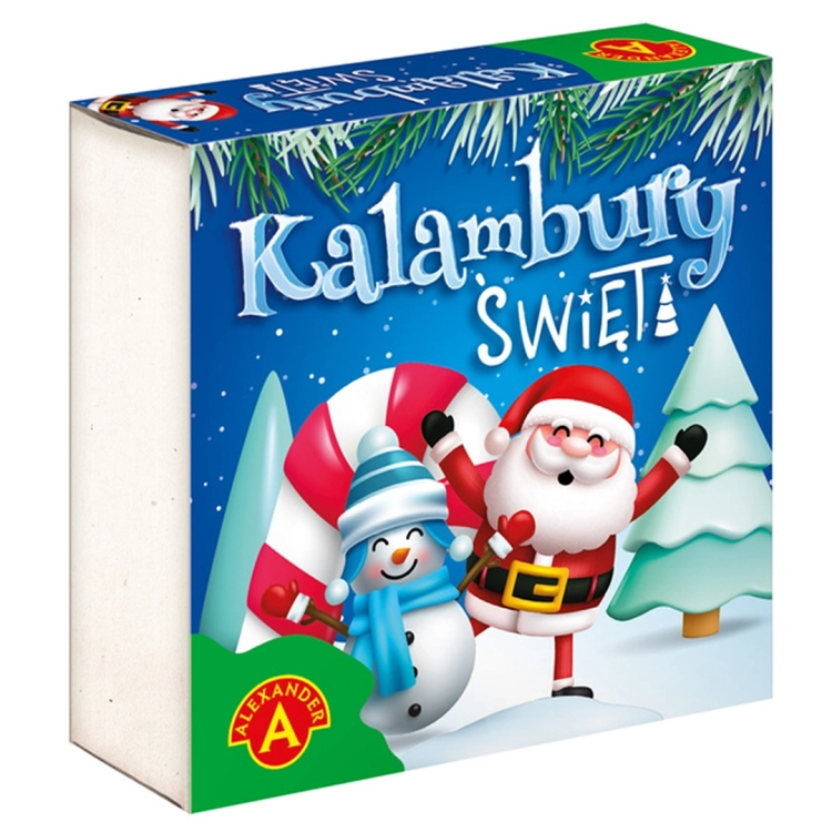 Kalambury Święta - opakowanie w perspektywie 3D: Przednia strona pudełka gry "Kalambury Święta" w perspektywie 3D, z motywem Świętego Mikołaja, bałwanka oraz zimowego krajobrazu.