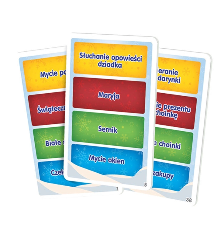 Kalambury Święta - karty z hasłami: Karty do gry "Kalambury Święta" z różnorodnymi świątecznymi hasłami, takimi jak "Mycie podłóg" i "Świąteczne zakupy", na kolorowym tle.