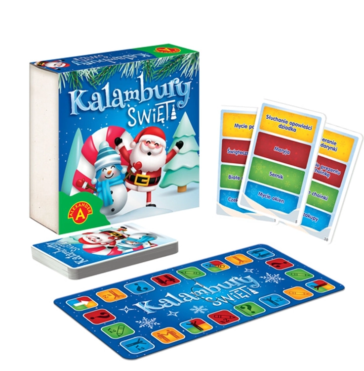 Kalambury Święta - pełny zestaw: Zestaw gry "Kalambury Święta", zawierający pudełko, planszę, karty z hasłami, kostkę oraz pionki.