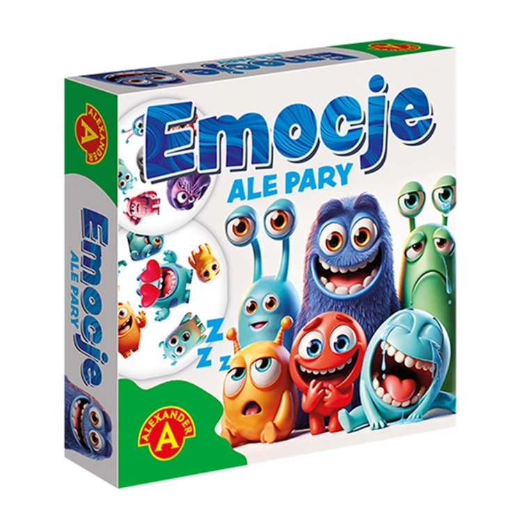 Emocje Ale Pary - przód opakowania: Kolorowe pudełko gry "Emocje - Ale Pary" z rysunkami uśmiechniętych, zabawnych potworków wyrażających różne emocje.
