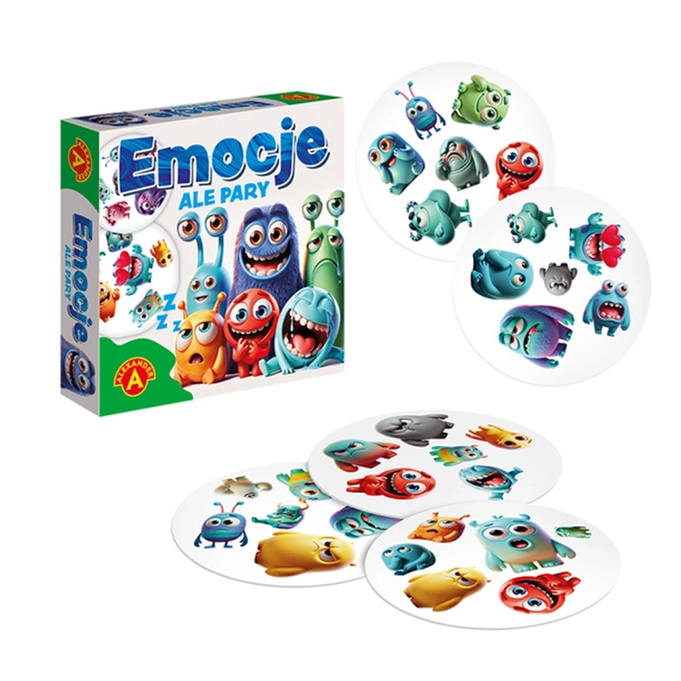 Emocje Ale Pary - karty i pudełko: Pudełko gry "Emocje - Ale Pary" oraz dwie okrągłe karty z wesołymi potworkami w tle.