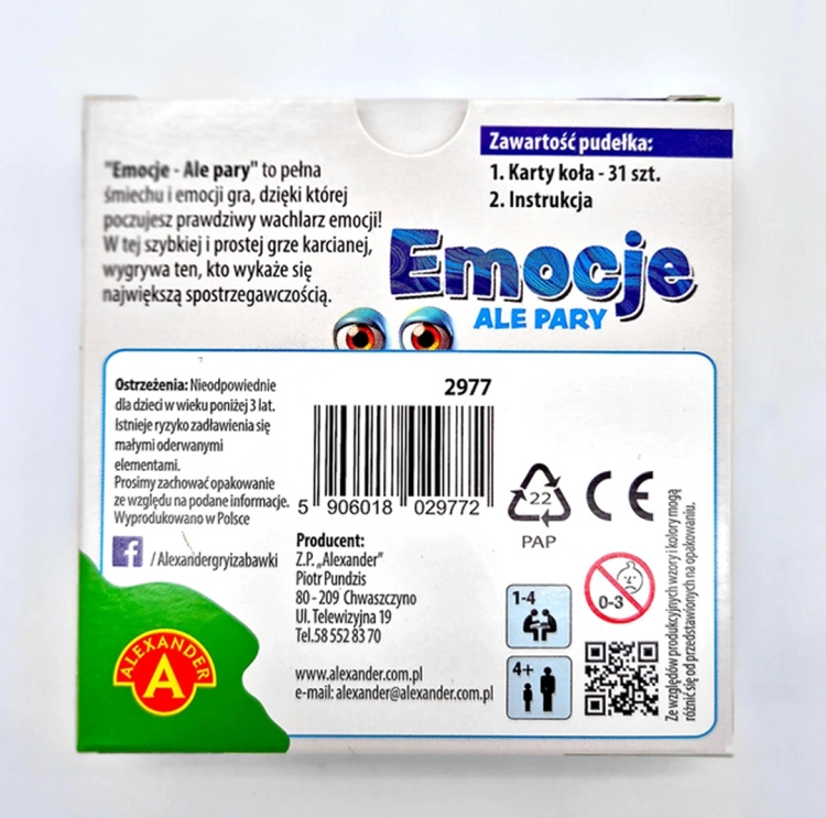 Emocje Ale Pary - tył opakowania: Tył pudełka gry "Emocje - Ale Pary" z opisem zasad, zawartością gry i informacjami o producencie.