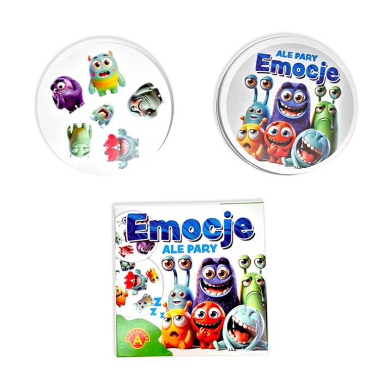 Emocje Ale Pary - zestaw kart z emocjami: Kilka okrągłych kart do gry "Emocje - Ale Pary", z potworkami wyrażającymi różne emocje, ułożone w okręgu.