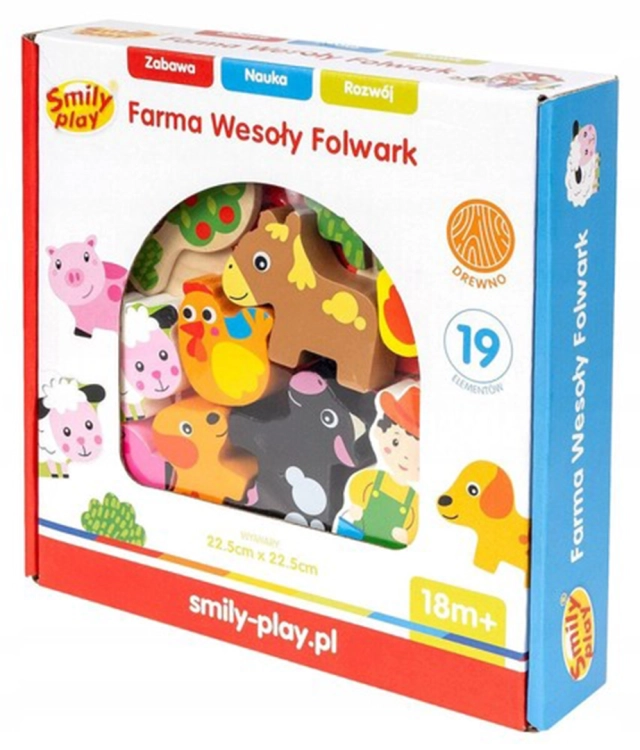 Opakowanie zabawki Smily Play "Farma Wesoły Folwark" z informacją o 19 elementach, wykonane z drewna, przeznaczone dla dzieci od 18 miesiąca.