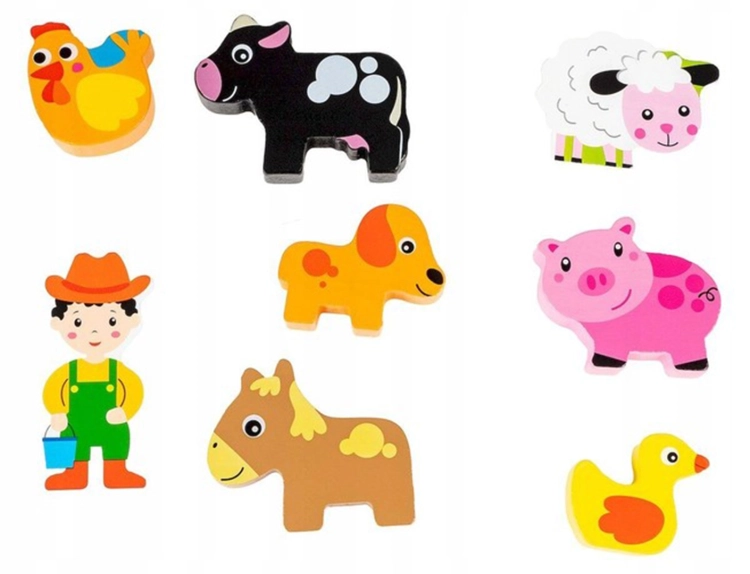 Zestaw drewnianych figurek zwierząt z farmy Smily Play: krowa, owca, kogut, świnka, pies i koń.