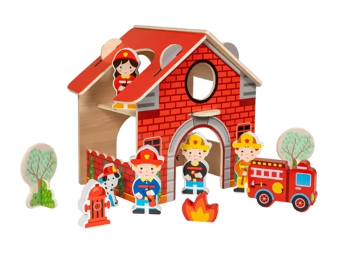Złożony zestaw strażacki z budynkiem i figurkami strażaków, hydrantem oraz płomieniami z zestawu "Straż Pożarna Na Ratunek" Smily Play