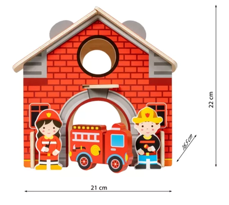 Komplet drewnianych elementów, w tym strażacy, wóz strażacki, drzewka i płomienie z zestawu "Straż Pożarna Na Ratunek" Smily Play