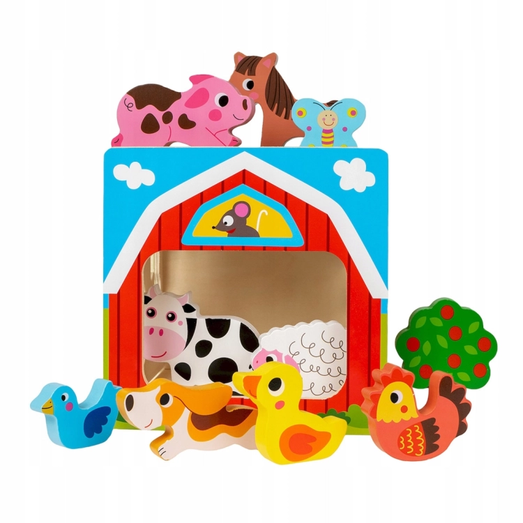 Drewniana stodoła z figurkami zwierząt, takimi jak krowa, kaczka, pies i kogut, z zestawu "Smily Play Kostka Sorter Farma"