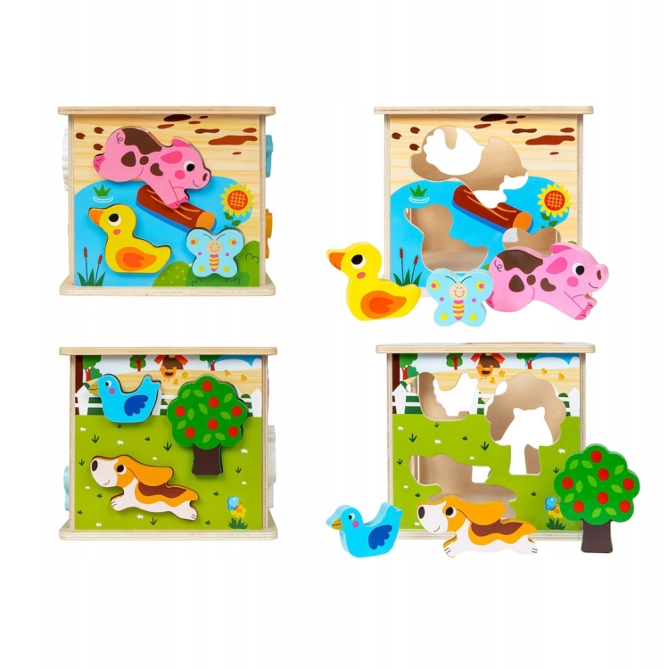 Zestaw widoków kostki sorter "Smily Play Kostka Sorter Farma" z drewnianymi zwierzątkami i otworami do dopasowywania kształtów