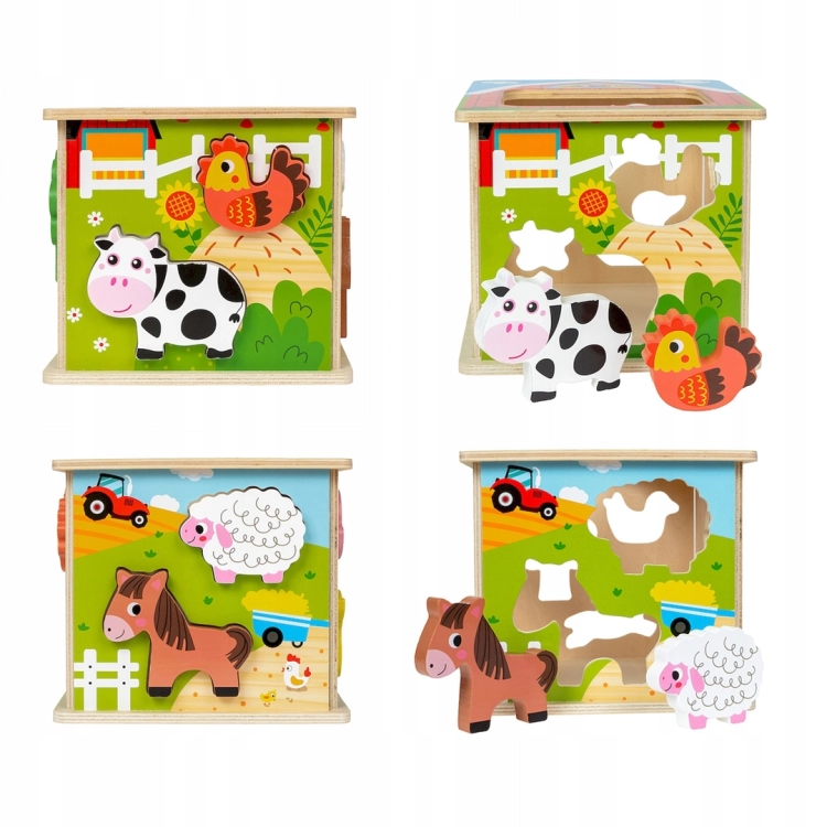 Zestaw widoków kostki sorter "Smily Play Kostka Sorter Farma" z drewnianymi zwierzątkami i otworami do dopasowywania kształtów
