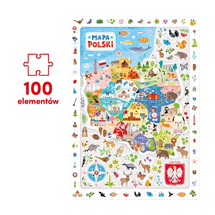 Zbliżenie na ilustracje i elementy puzzli obserwacyjnych mapa Polski Czuczu