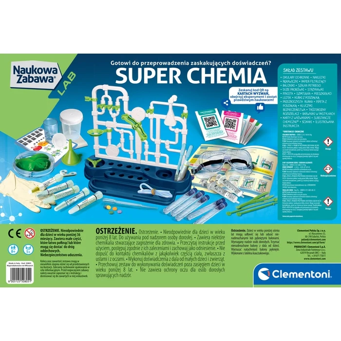 Tył opakowaniu ze szczegółowymi informacjami Super chemia 8+ Clementoni