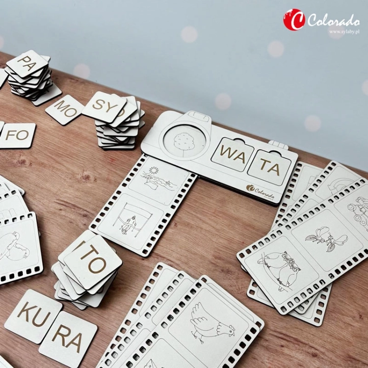 Sylabowy aparat fotograficzny komplet 6 szt z zestawem płytek z sylabami i drewnianymi kliszami z obrazkami