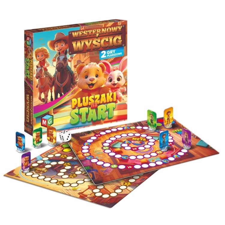 Zawartość zestawu: plansza, pionki pluszaków i kowbojów, kostka