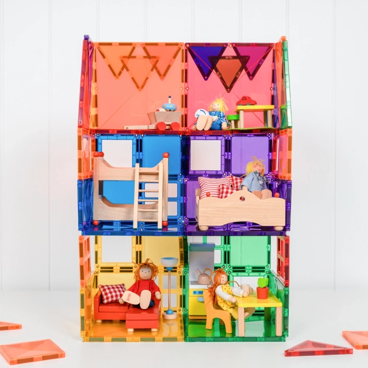 Budowla w kształcie domu z klocków CONNETIX Rainbow Starter Pack.