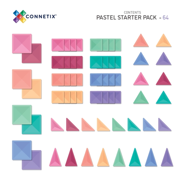 Wykaz elementów zestawu klocków magnetycznych CONNETIX Pastel Starter Pack 64 el 3+