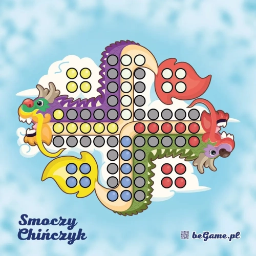 Plansza do gry Smoczy Chińczyk - kolorowa plansza w kształcie smoka, z polami do gry w różnych kolorach.