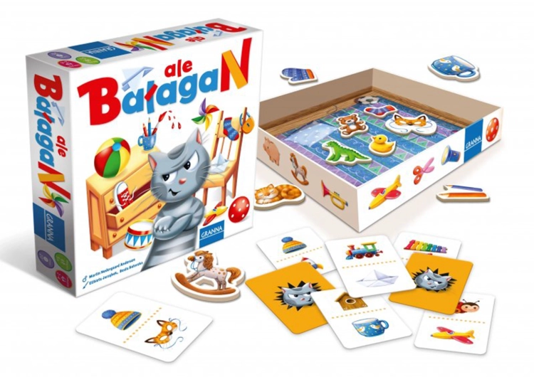 Zawartość gry "Ale bałagan": karty, żetony, kafelki i woreczek